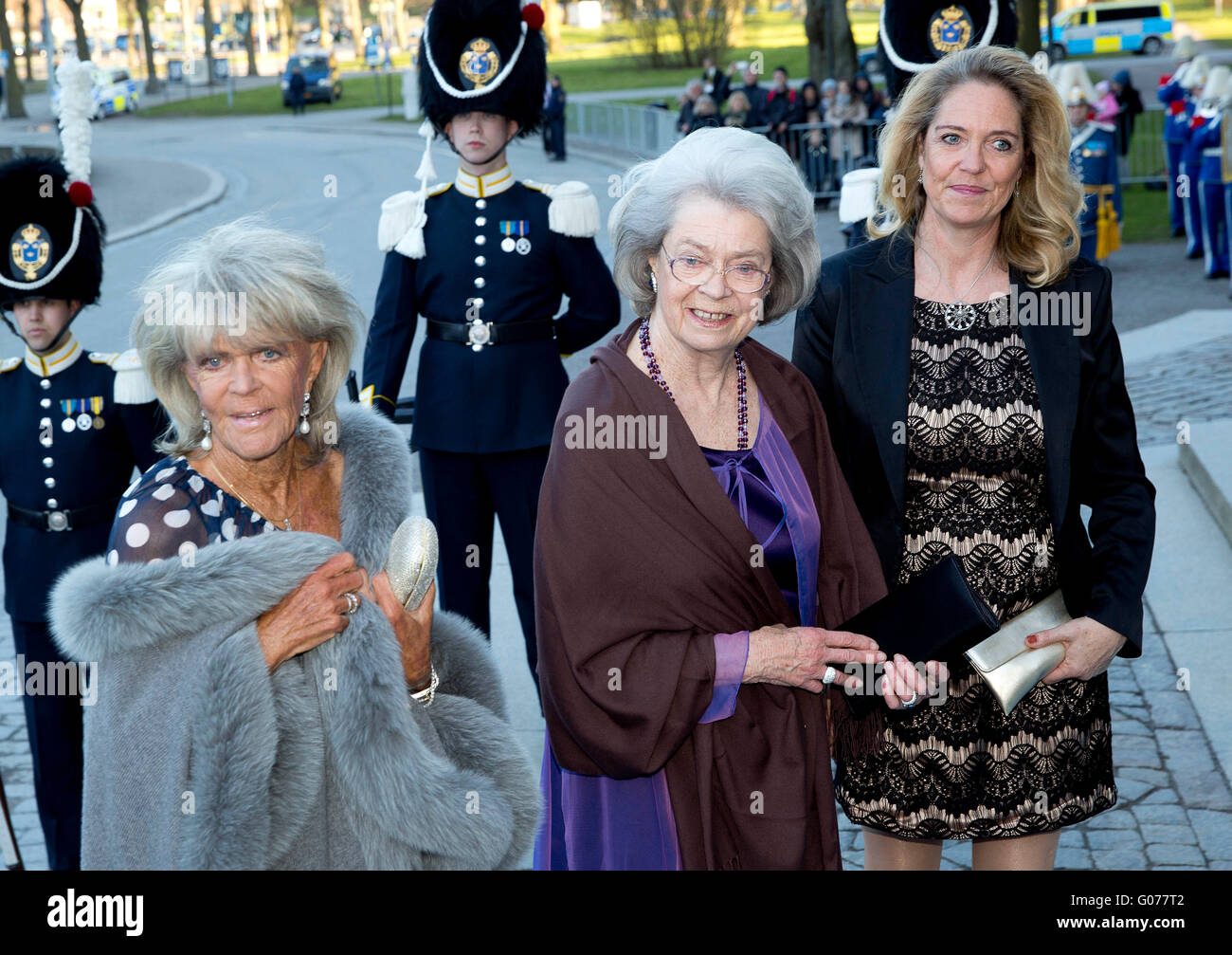 Stockholm, Sweden. 29th Apr, 2016. Princess Birgitta (L-R), Princess Desiree and Princess Margaretha of Sweden arrive at the Nordic museum for the concert by the Royal Swedish Opera and Stockholm Concert on the occasion of the 70th birthday of the Swedish King Carl Gustaf in Stockholm, Sweden, 29 April 2016. Photo: Albert Nieboer/ - NO WIRE SERVICE-/dpa/Alamy Live News Stock Photo