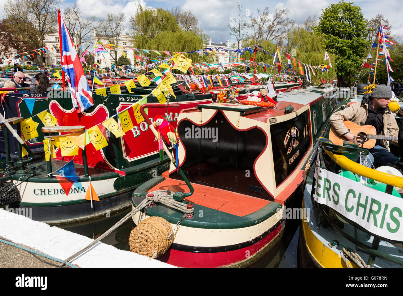 London, UK. 30 April 2016. Decorated narrowboats with bunting and flags at the 2016 Canalway Cavalcade festival in Little Venice, Paddington. The annual event runs over the May Bank Holiday weekend. Credit:  Vibrant Pictures/Alamy Live News Stock Photo