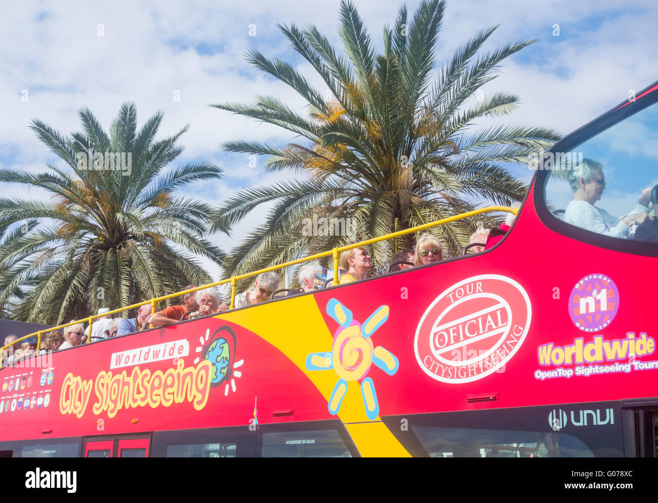 Open top city sightseeing bus in Parque Santa Catalina in Las Palmas, Gran Canaria, Canary Islands, Spain Stock Photo