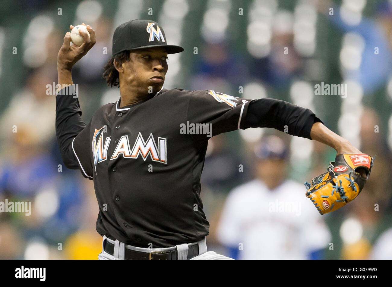 Milwaukee, WI, USA. 29th Apr, 2016. Miami Marlins relief pitcher Jose Urena #62 delivers a pitch in the Major League Baseball game between the Milwaukee Brewers and the Miami Marlins at Miller Park in Milwaukee, WI. John Fisher/CSM/Alamy Live News Stock Photo