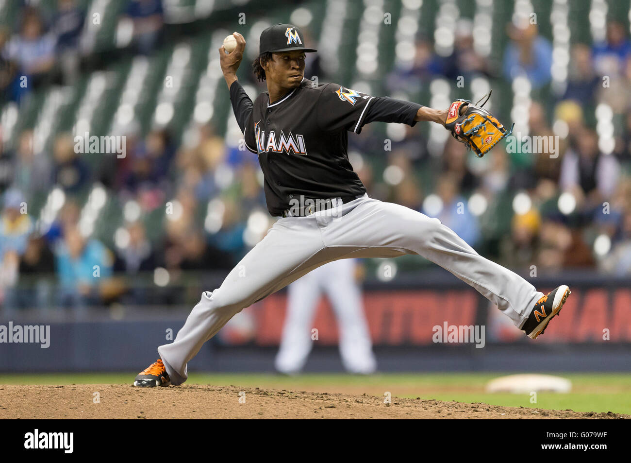 Milwaukee, WI, USA. 29th Apr, 2016. Miami Marlins relief pitcher Jose Urena #62 delivers a pitch in the Major League Baseball game between the Milwaukee Brewers and the Miami Marlins at Miller Park in Milwaukee, WI. John Fisher/CSM/Alamy Live News Stock Photo