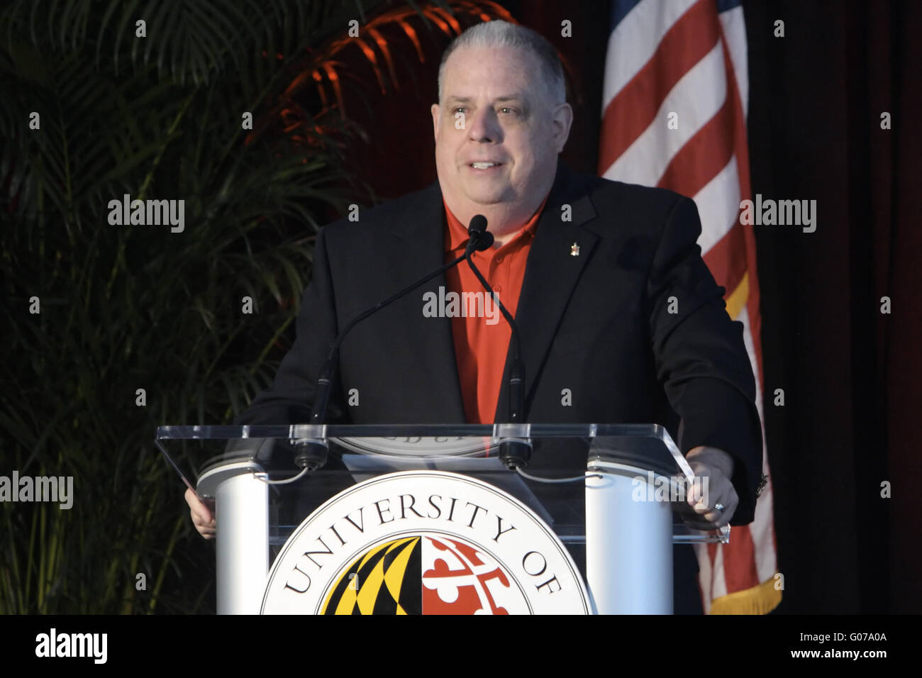 College Park, MARYLAND, USA. 30th Apr, 2016. Maryland Governor Larry Hogan speaking at the Brendan Iribe Center groundbreaking ceremony held in Lot GG1, future site of the building, at the University of Maryland in College Park, MD. © Evan Golub/ZUMA Wire/Alamy Live News Stock Photo