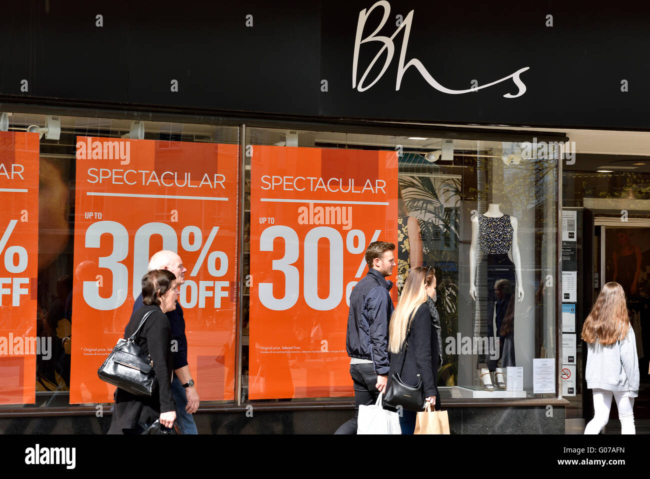 British Home Stores, BHS, Bristol Broadmead, UK, 30 April, 2016. With financial difficulties leading to collapse and administration the national chain of stores has sale on throughout stores. Store front of the Bristol Broadmead branch. “Credit: CHARLES STIRLING/Alamy Live News” Stock Photo