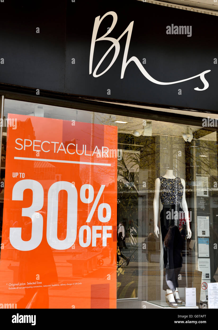 British Home Stores, BHS, Bristol Broadmead, UK, 30 April, 2016. With financial difficulties leading to collapse and administration the national chain of stores has sale on throughout stores. “Credit: CHARLES STIRLING/Alamy Live News” Stock Photo