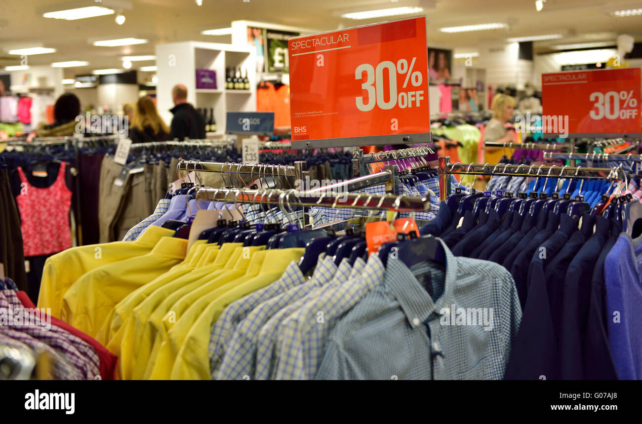 British Home Stores, BHS, Bristol Broadmead, UK, 30 April, 2016. With financial difficulties leading to collapse and administration the national chain of stores has sale on throughout stores. Inside the mens cloathing section with 30 percent off rails of shirts. “Credit: CHARLES STIRLING/Alamy Live News” Stock Photo
