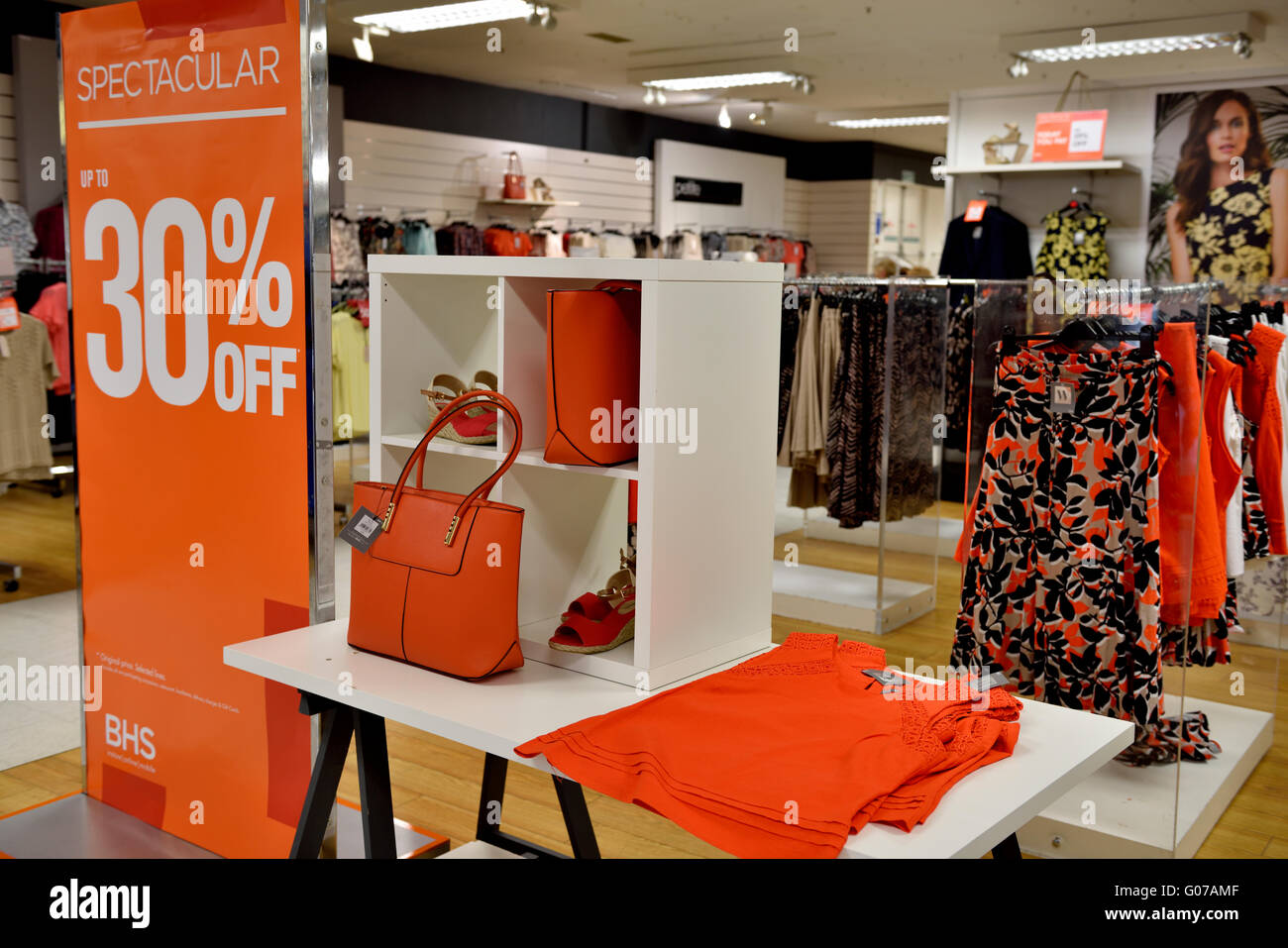 British Home Stores, BHS, Bristol Broadmead, UK, 30 April, 2016. With financial difficulties leading to collapse and administration the national chain of stores has sale on throughout stores. Womens cloathing and accessories with 30 percent off in the sale. “Credit: CHARLES STIRLING/Alamy Live News” Stock Photo