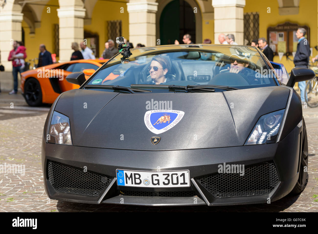Sant'Agata Bolognese, Italy. 30th April, 2016. Lamborghini parade in front of the municipality of Sant'Agata Bolognese for the 100th Ferruccio Lamborghini Anniversary Stock Photo
