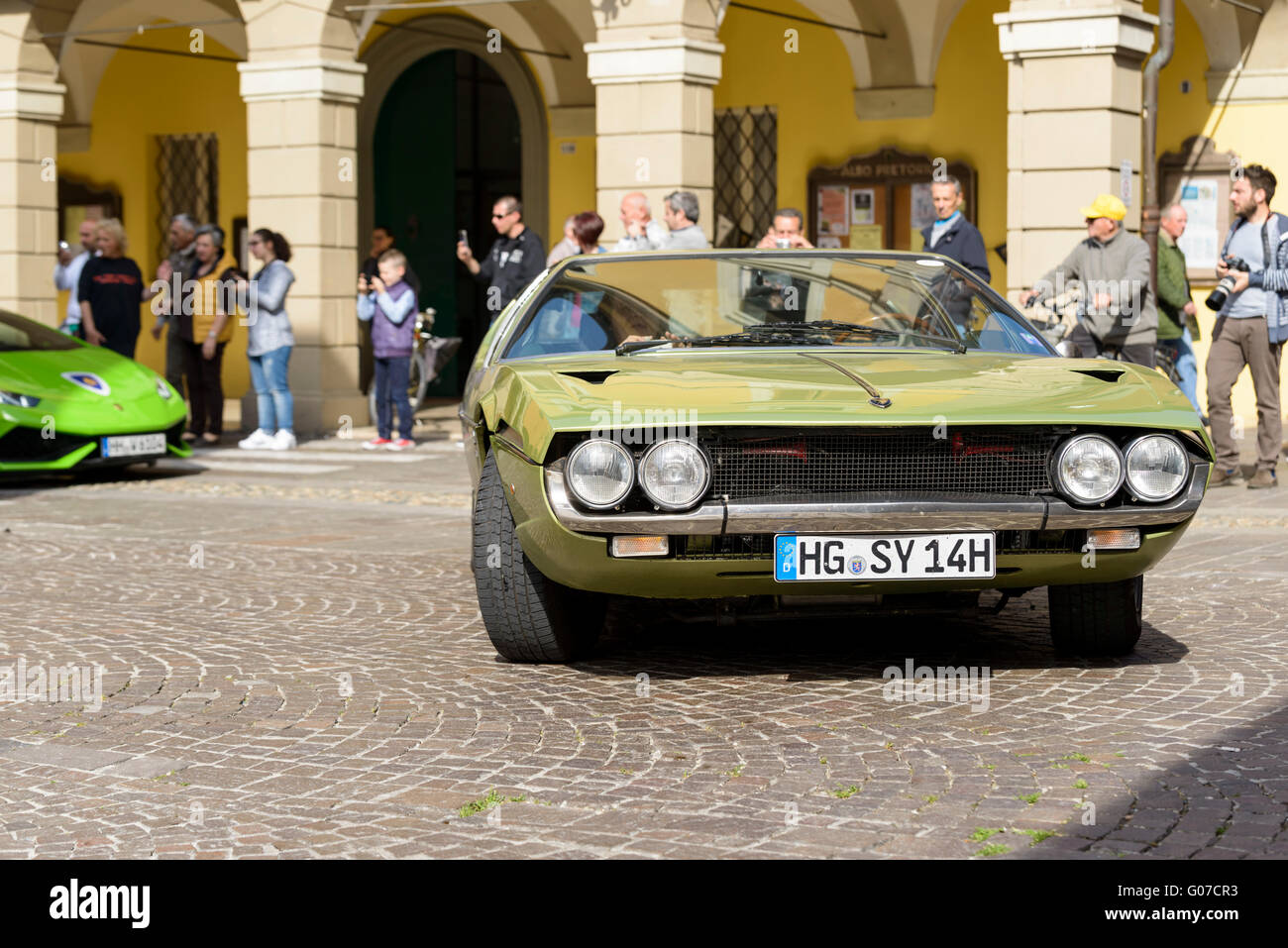 Sant'Agata Bolognese, Italy. 30th April, 2016. Lamborghini parade in front of the municipality of Sant'Agata Bolognese for the 100th Ferruccio Lamborghini Anniversary Stock Photo