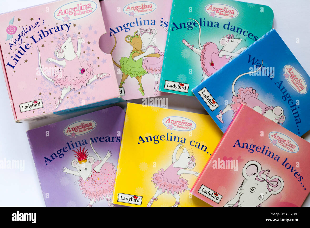 Angelina Ballerina Angelina's Little Library books by Ladybird, Watch Angelina Angelina is Angelina can Angelina dances Angelina loves Angelina wears Stock Photo
