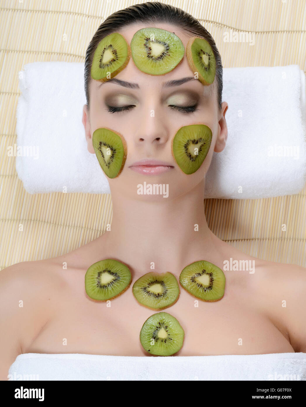 Download The Girl With A Mask From Kiwi On The Face Stock Photo 103427658 Alamy Yellowimages Mockups