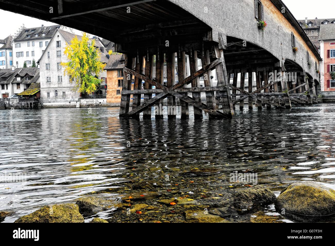 Historic bridge with town Diessenhofen Switzerland Stock Photo