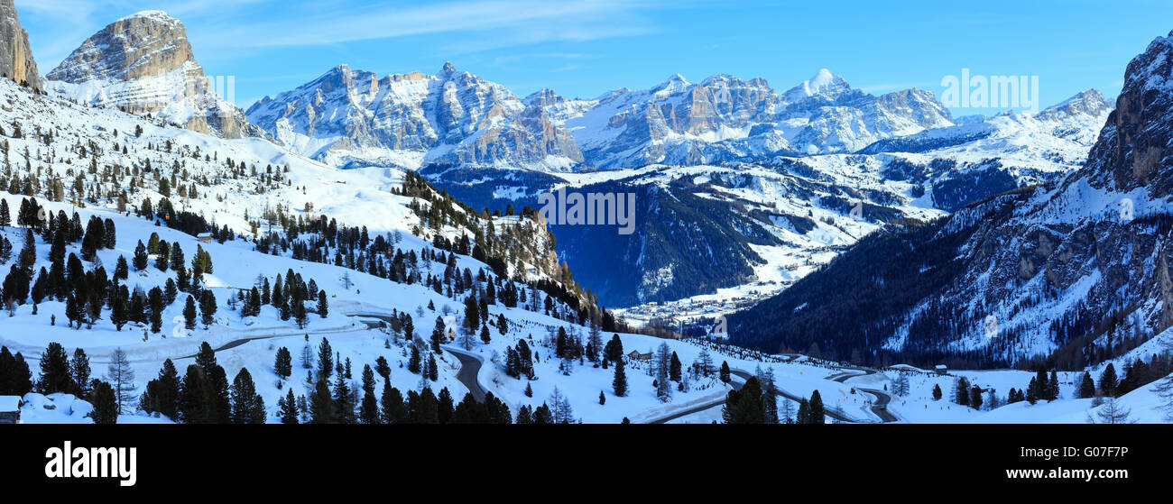Morning winter Gardena Pass  in Dolomites of South Tyrol, Italy. Stock Photo
