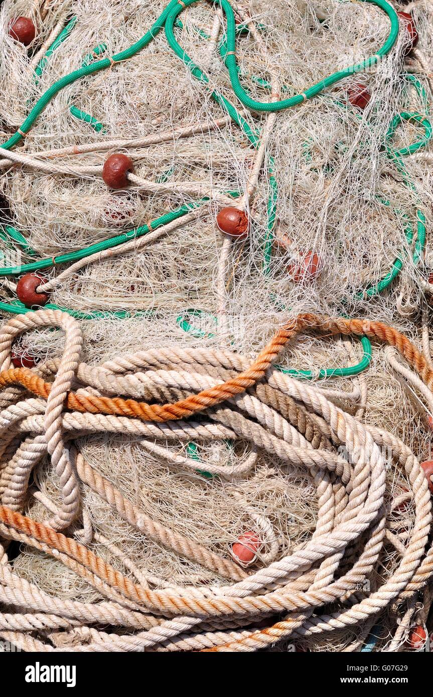 Texture of pile of fishing nets with floats. Podgora, Croatia Stock