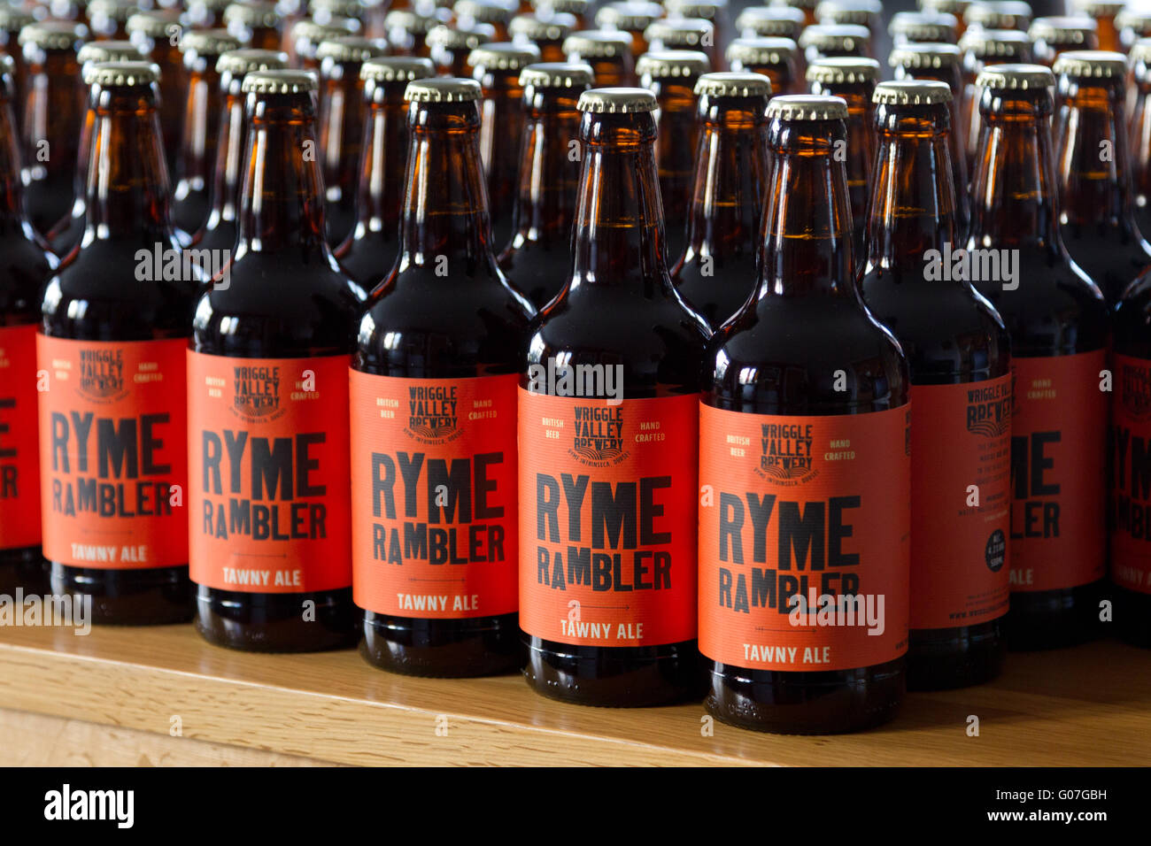 A table of bottles of 'Real Ale' produced by a microbrewery Stock Photo