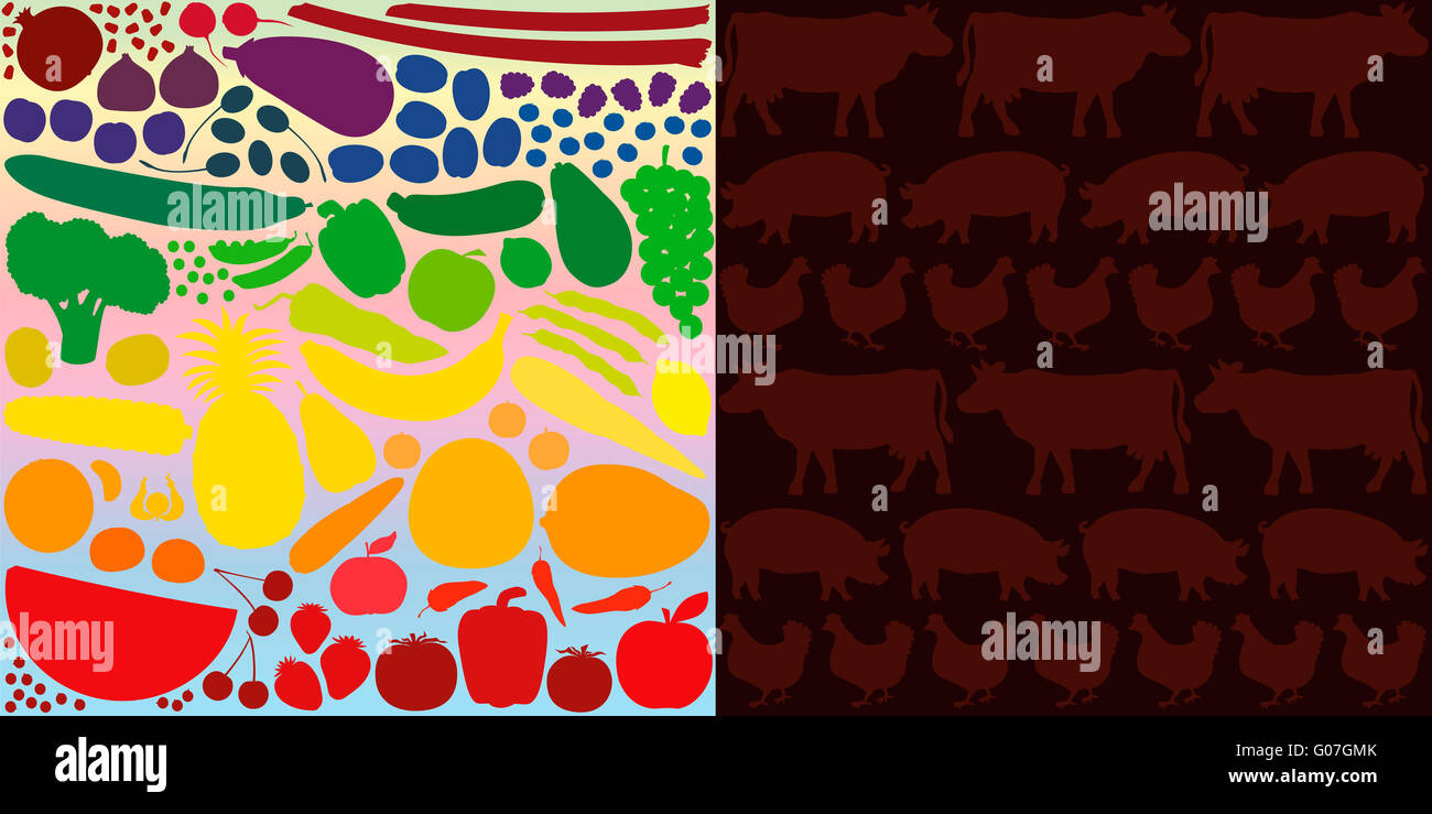 Vegan diet, depicted with colorful vegetables and fruits, versus meat eating, depicted with silhouettes of cows, pigs and hens. Stock Photo