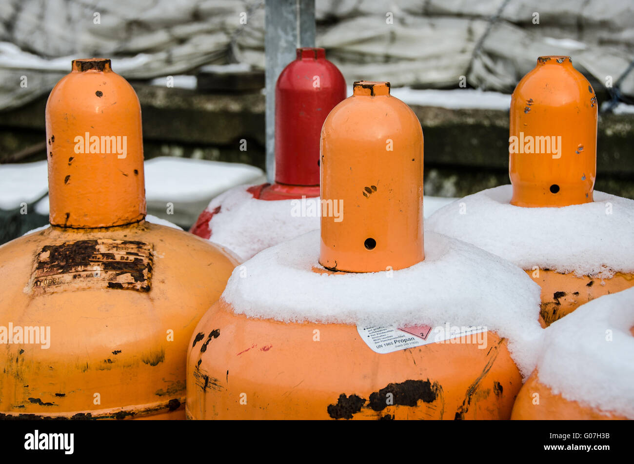 Propan gas cylinder with snow Stock Photo Alamy