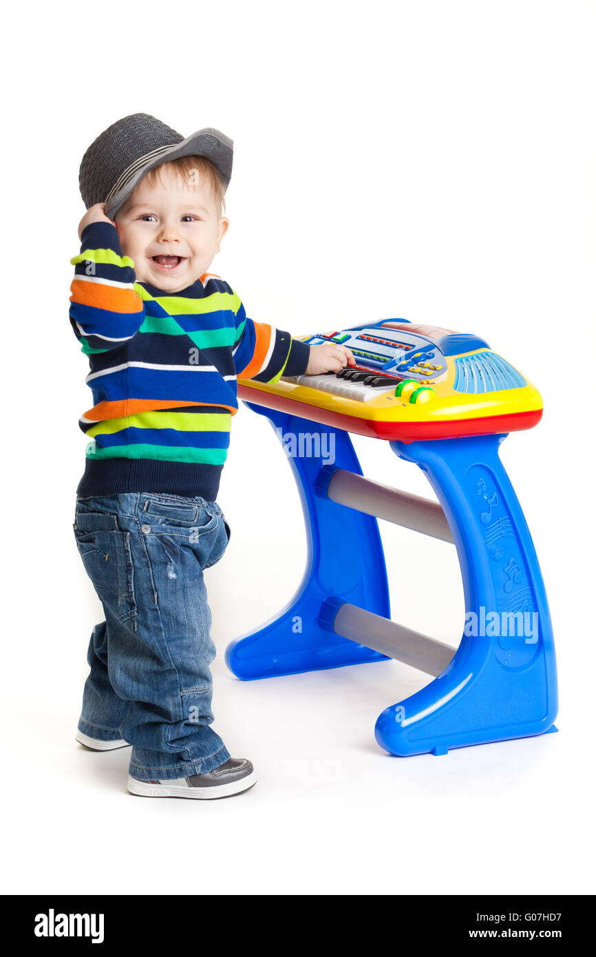 little boy and the keyboard on white background. Stock Photo