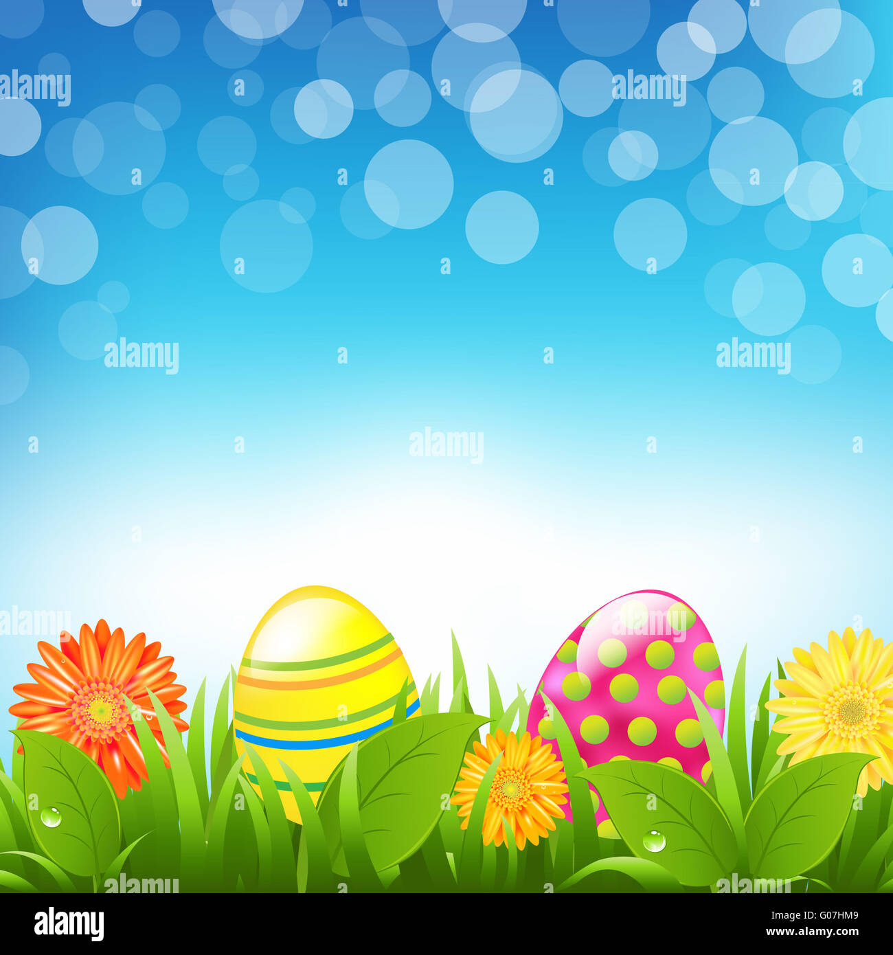 Green Border With Grass And Color Eggs And Bokeh Stock Photo - Alamy