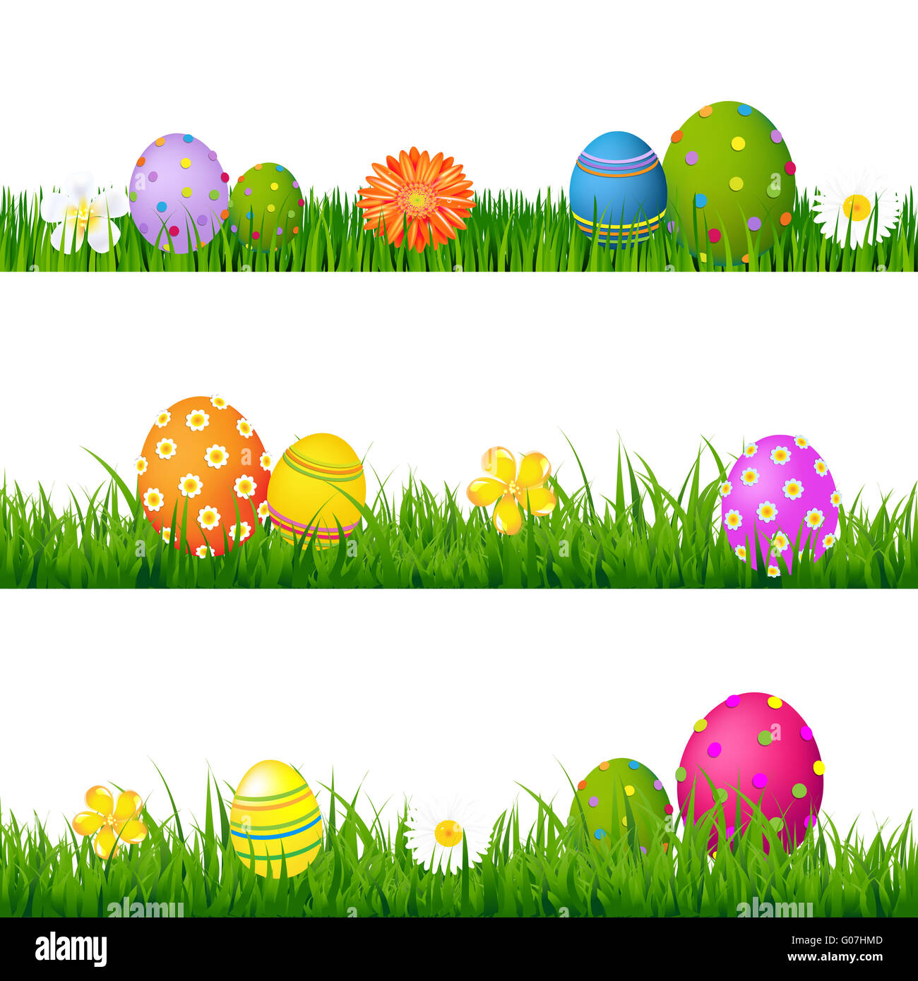 Big Green Grass Set With Flowers And Easter Eggs Stock Photo - Alamy