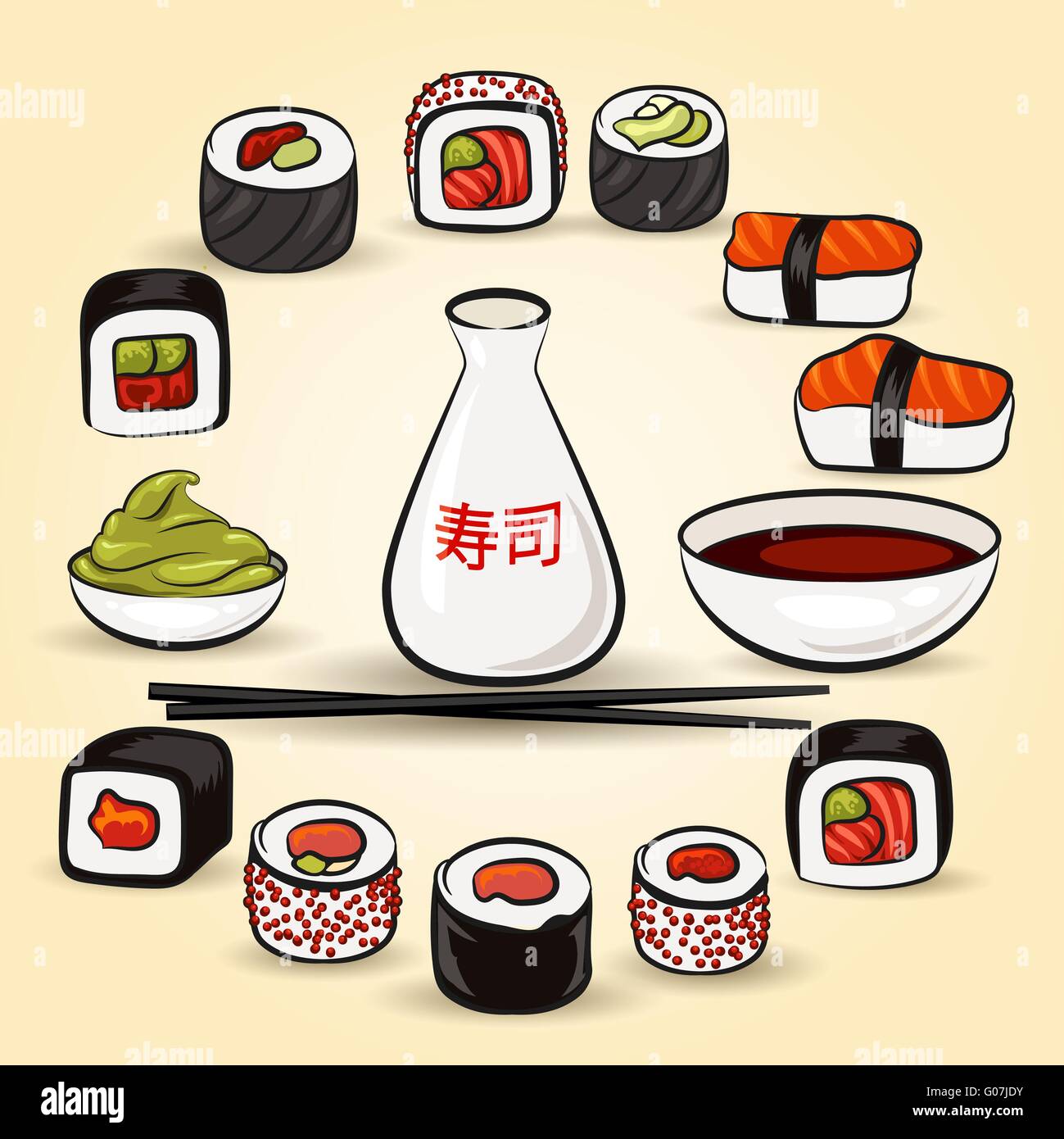 Sushi Bar set. Assorted japan food and species. Illustration in cartoon style. Stock Vector