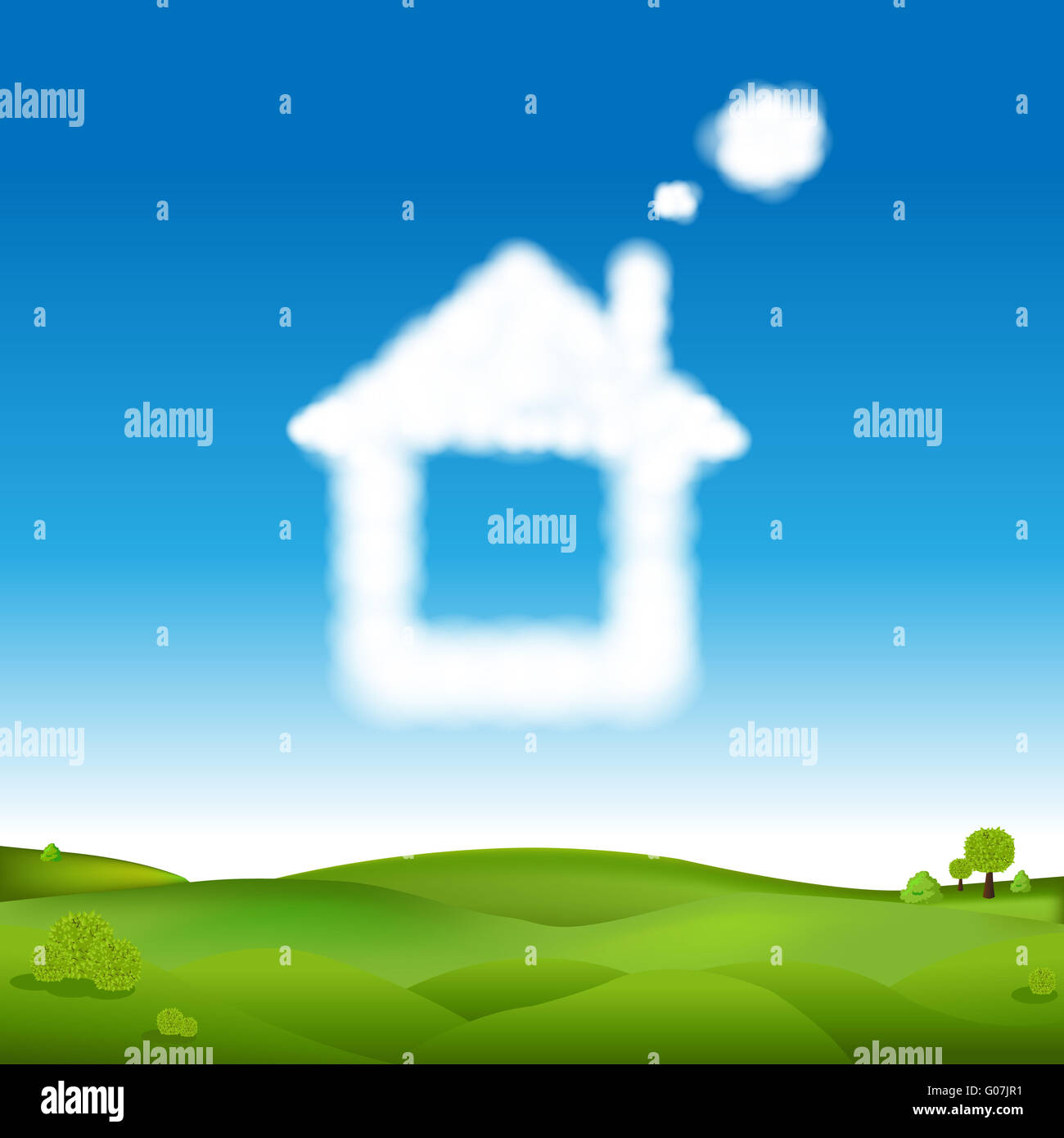 Abstract House From Clouds In Blue Sky And Green Landscape Stock Photo ...
