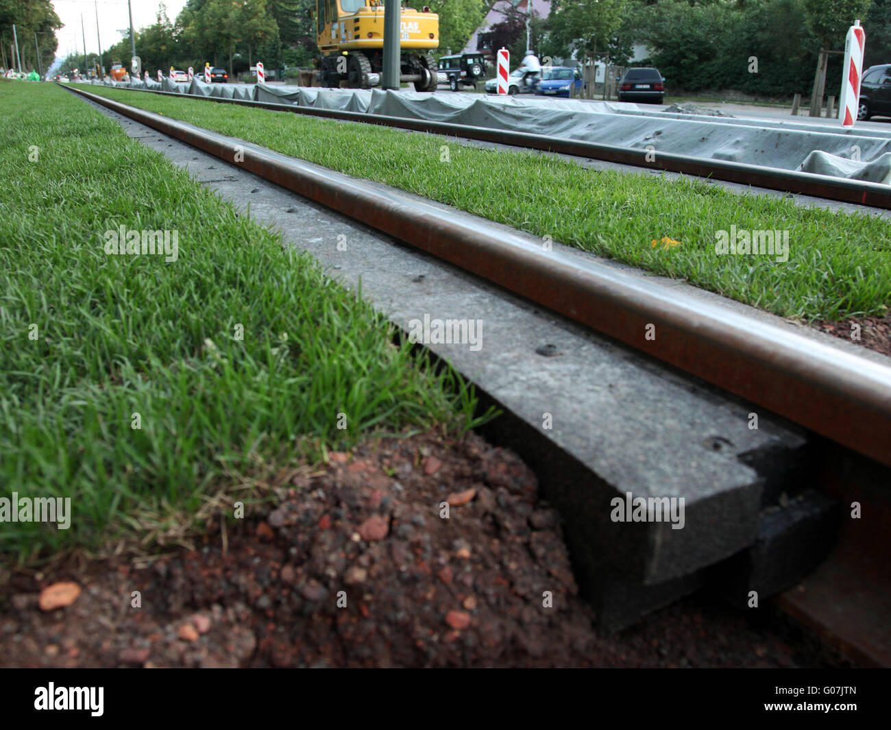 Construction site of rail on turf Stock Photo