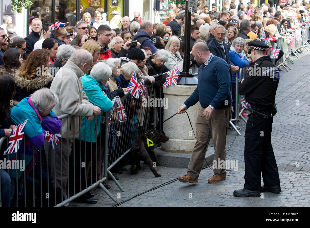 Police keep watch over crowds gathered to see Queen Elizabeth II in Windsor. 2016. Stock Photo