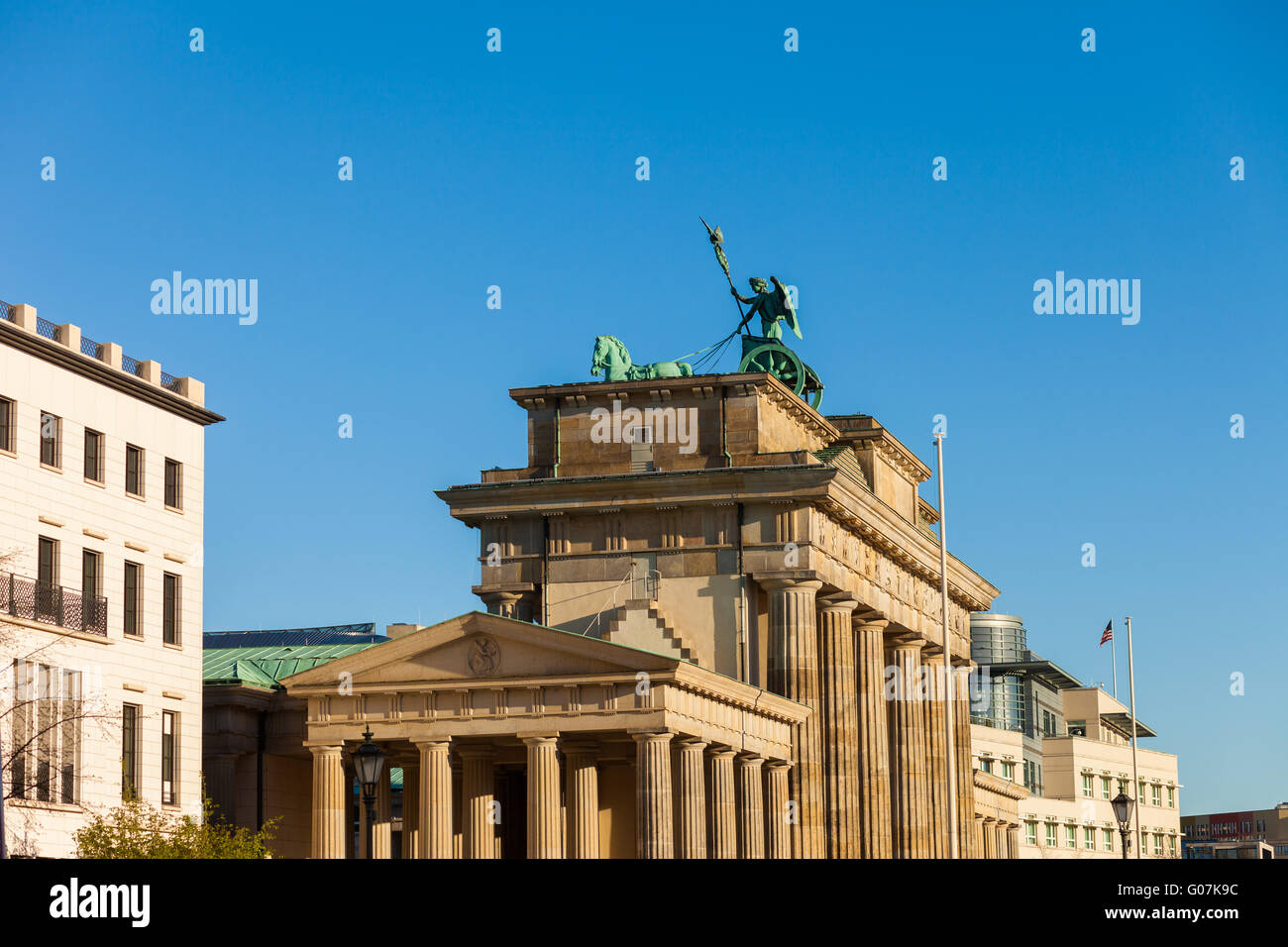 Side view of the Brandenburg Gate, Berlin, Germany in bright sun (next ...
