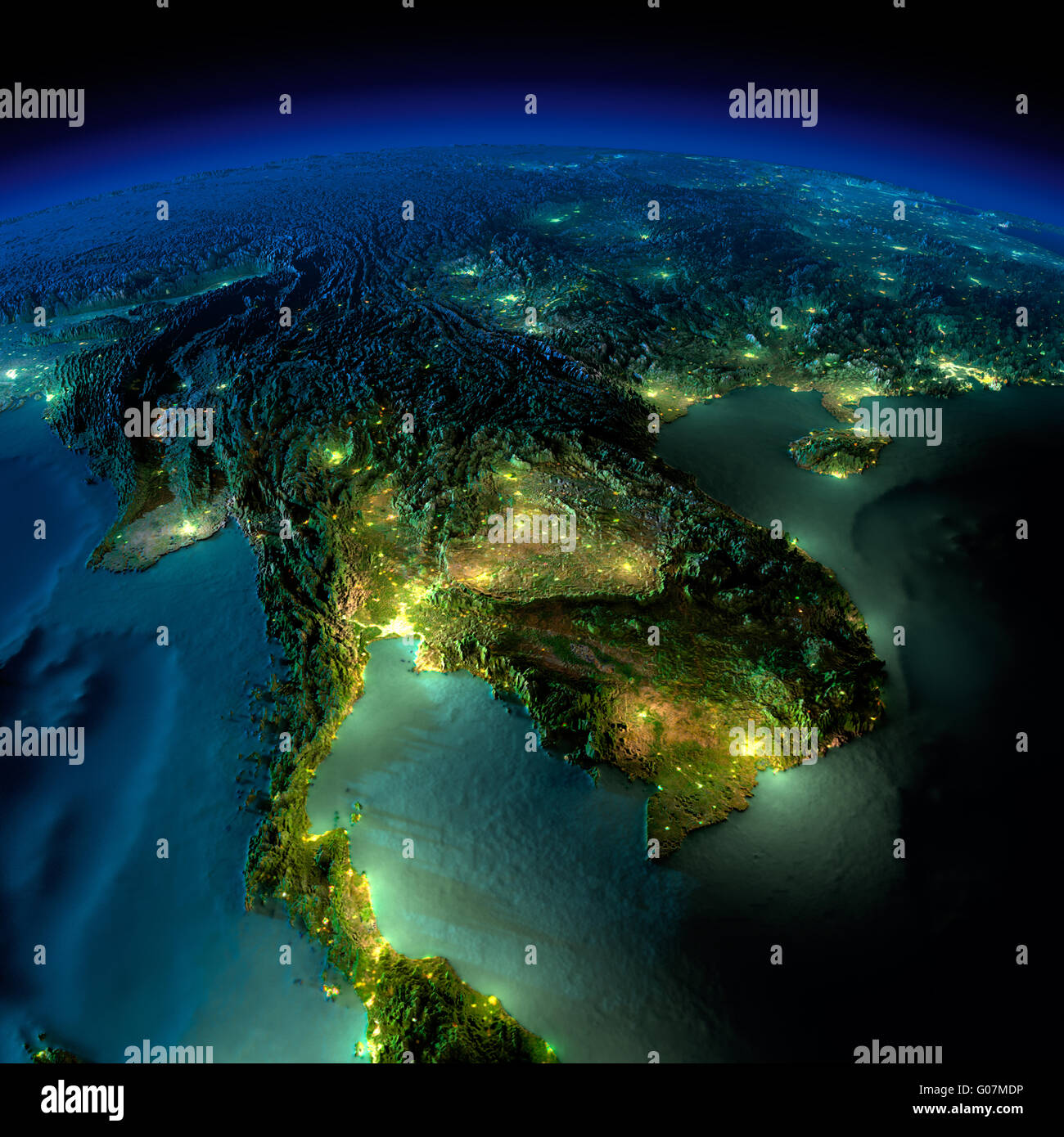 Night Earth. A piece of Asia - Indochina peninsula Stock Photo