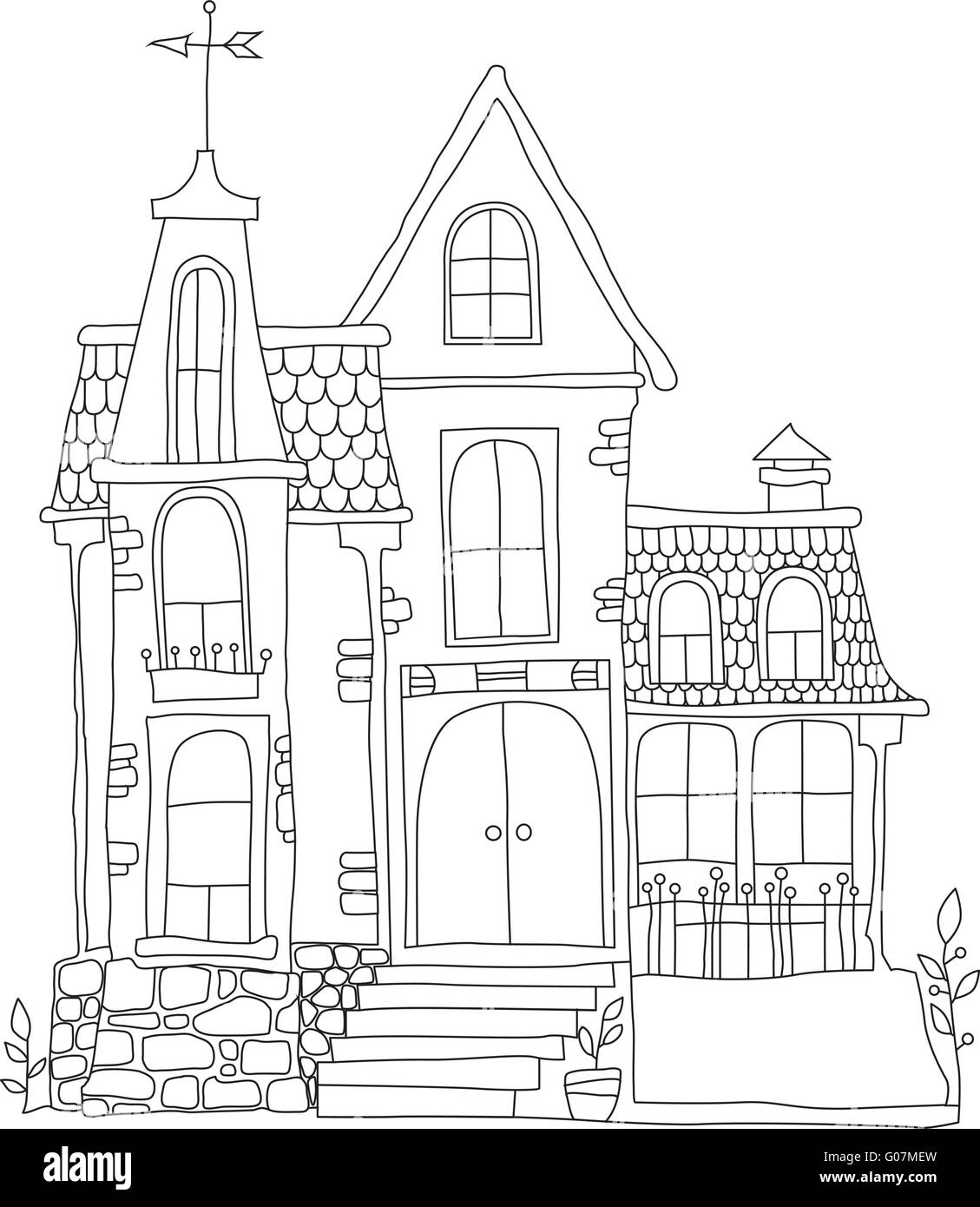 black and white illustration in cartoon style mansion Stock Vector Image &  Art - Alamy