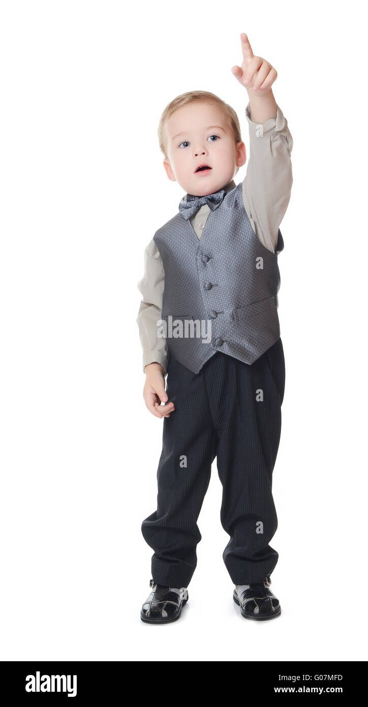 The little boy in a business suit shows a finger Stock Photo