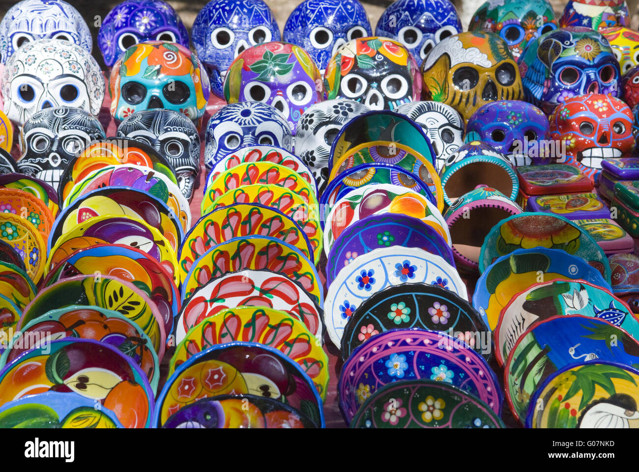 Mexico.   Souvenir bench.   Plate and mask. Stock Photo