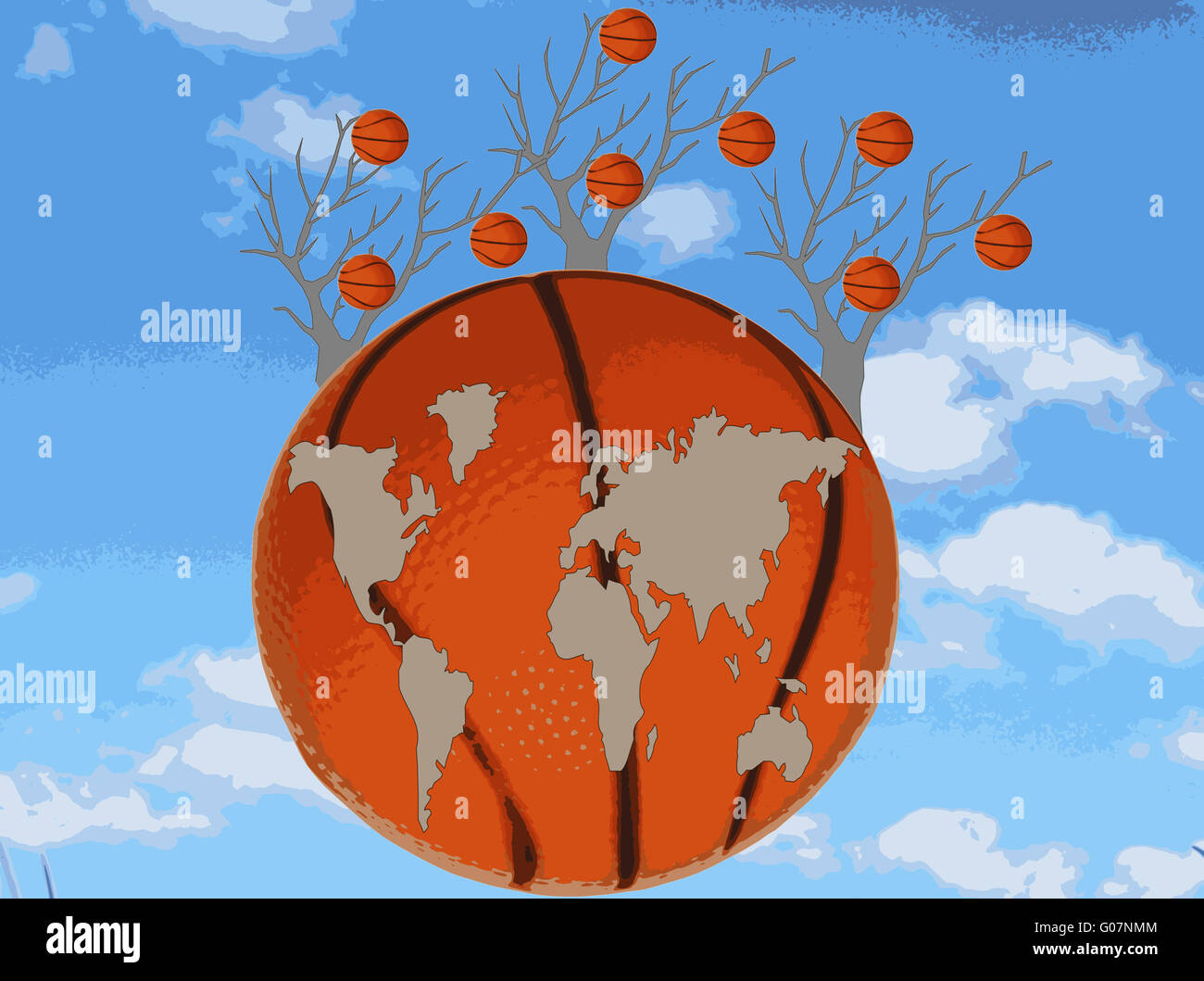 Map of the world is at a basketball ball and trees Stock Photo - Alamy