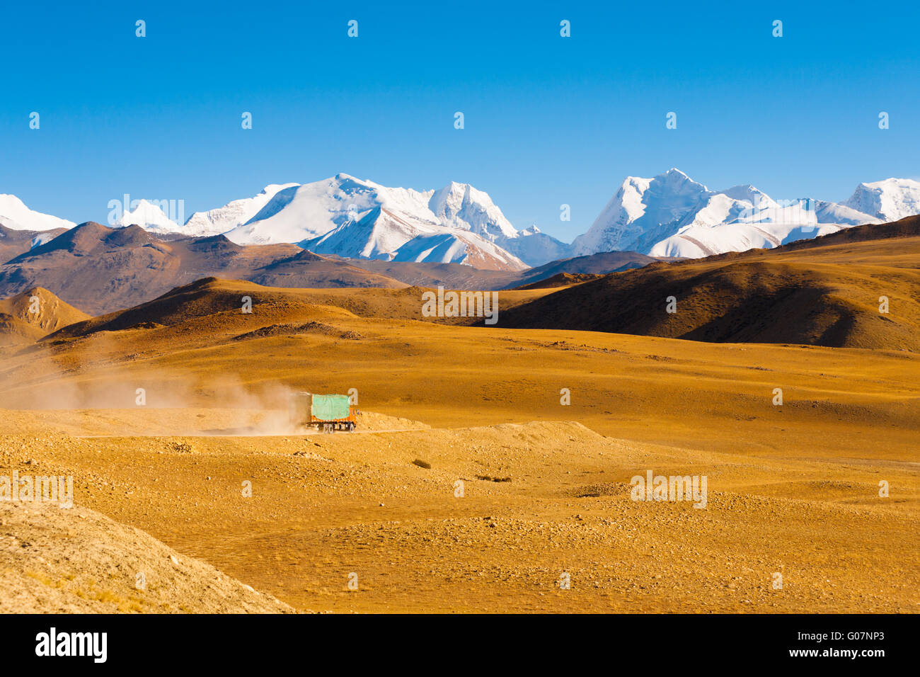 Road Himalaya Mountain Peaks Truck Transportation Stock Photo
