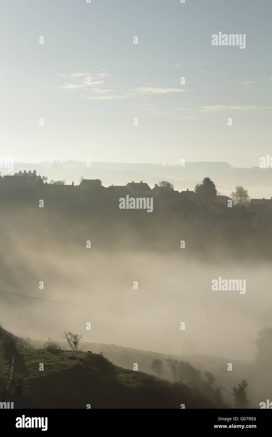 Mist Rising from Cotswold Valley Stock Photo Alamy