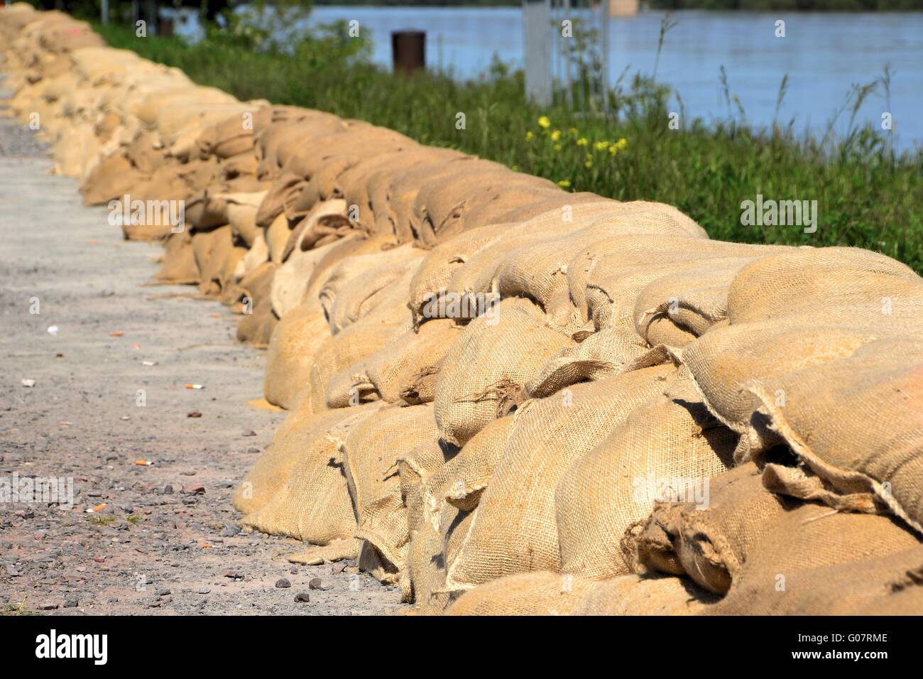 Sandbags during floods in 2013 in Magdeburg on the Stock Photo