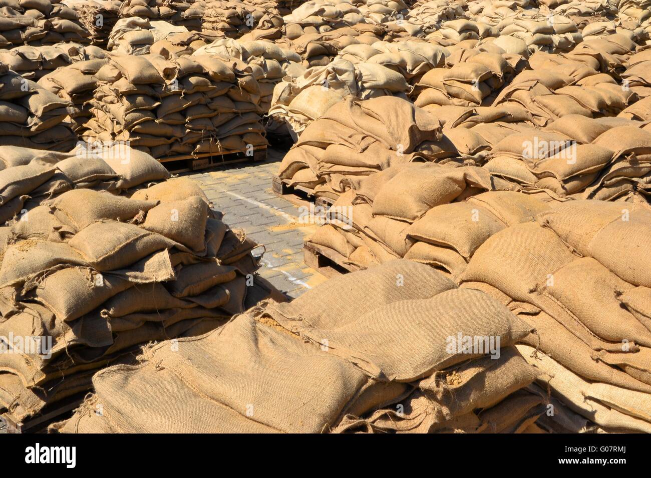 Sandbags on pallets during floods in 2013 in Magde Stock Photo