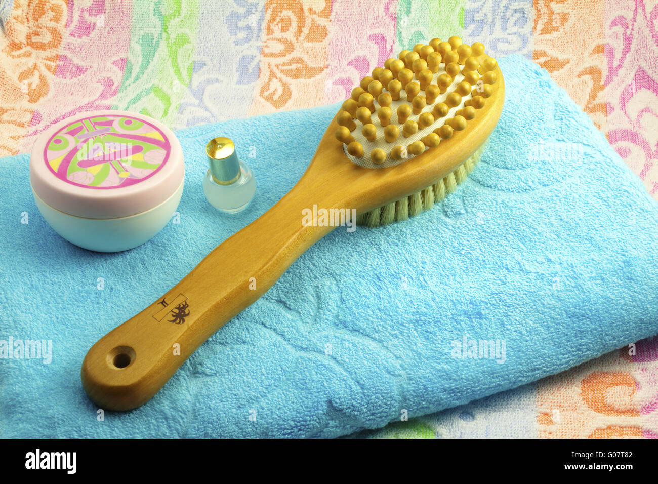 Wooden brush with a handle for body massage , towe Stock Photo