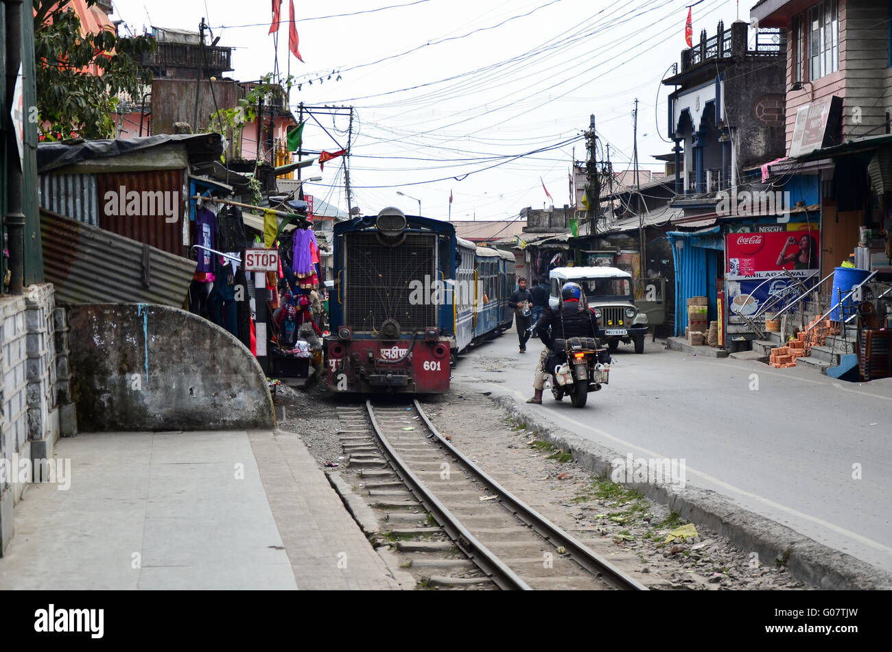 A Darjeeling Himalayan Railway train arriving Sonada Station. Stock Photo