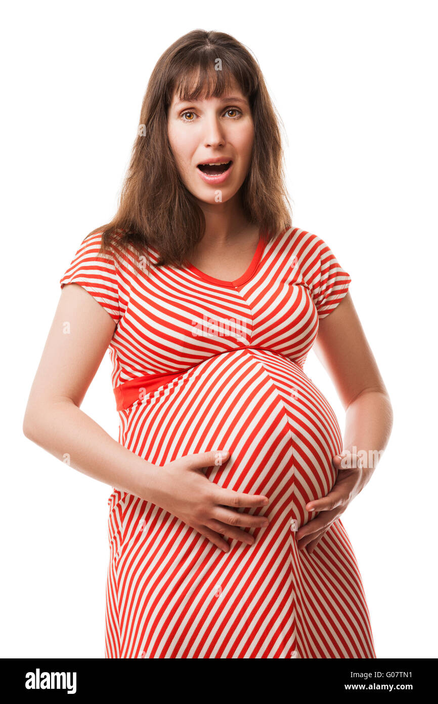 Amazed or surprised pregnant woman touching or bon Stock Photo