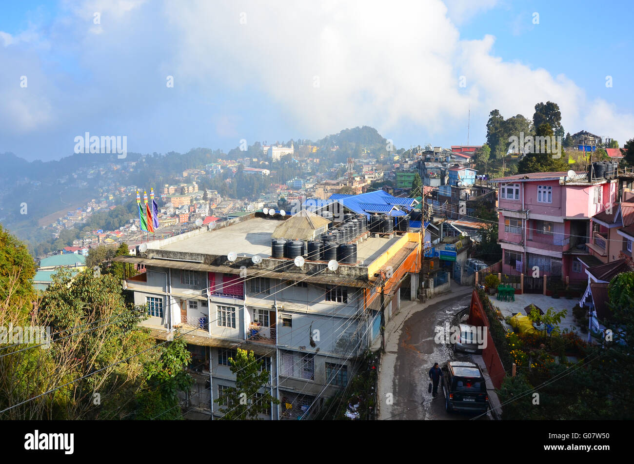 Beautiful view of Darjeeling Town from Hotel Broadway, Darjeeling, West Bengal, India Stock Photo