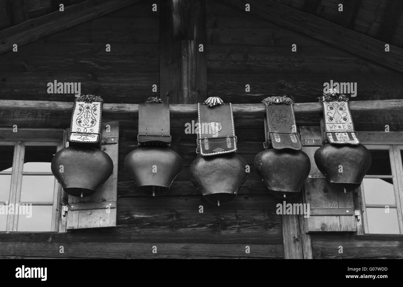 Big traditional cow bells in the Bernese Oberland Stock Photo
