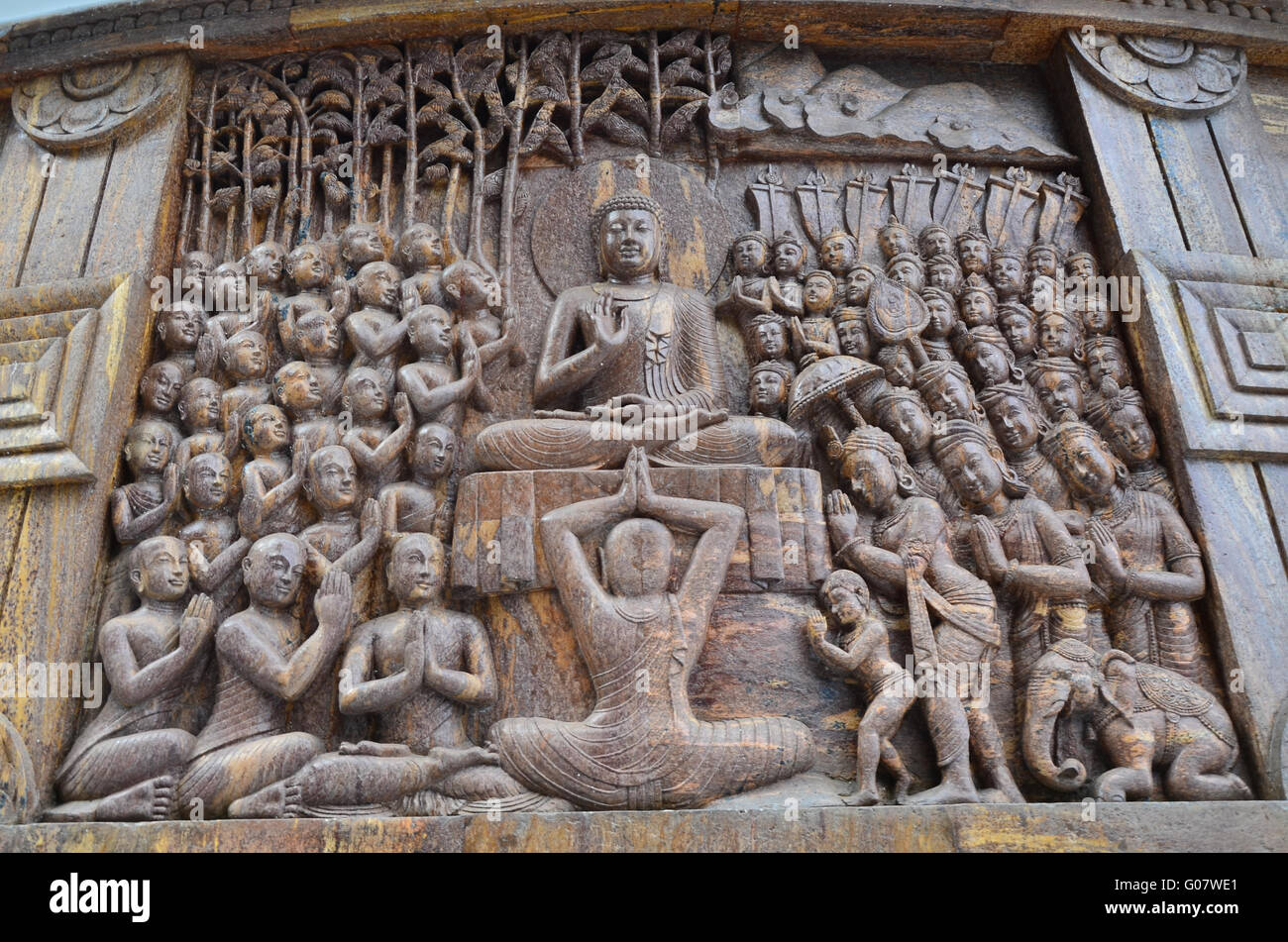 Beautiful wood carving on the Darjeeling Peace Pagoda, West Bengal, India Stock Photo