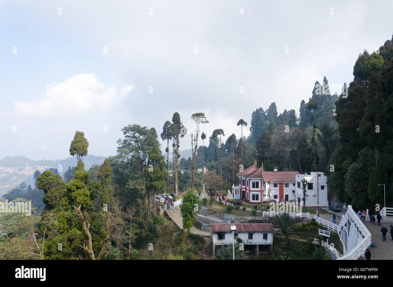 View of the Japanese Temple from Peace Pagoda at Darjeeling, West Bengal, India Stock Photo