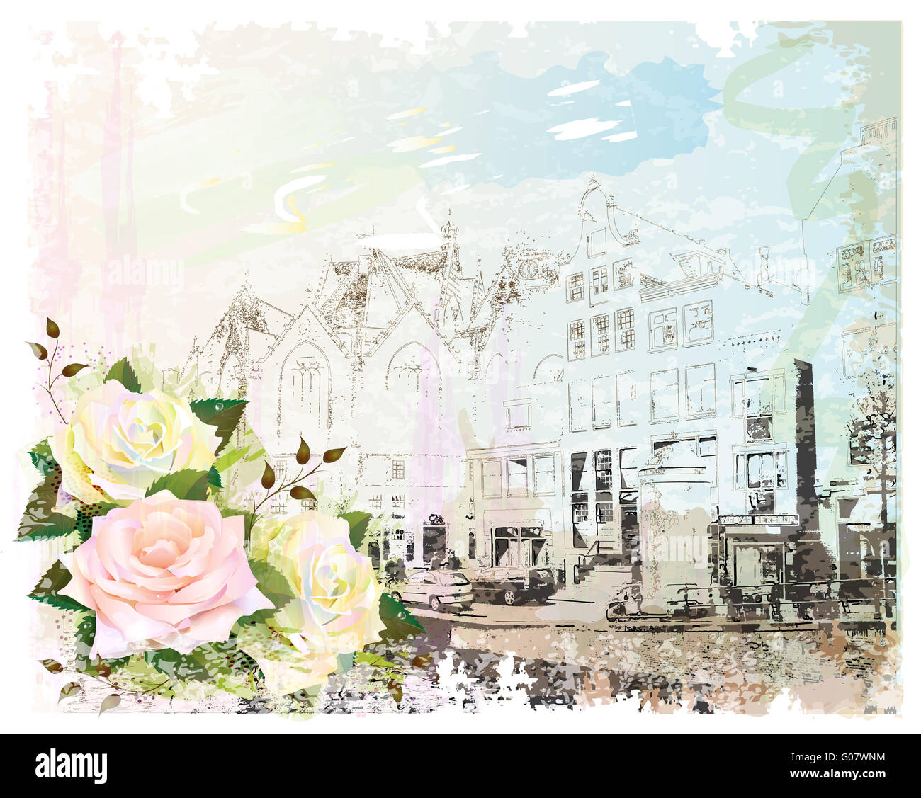 vintage illustration of Amsterdam street and roses. Watercolor style. Stock Photo