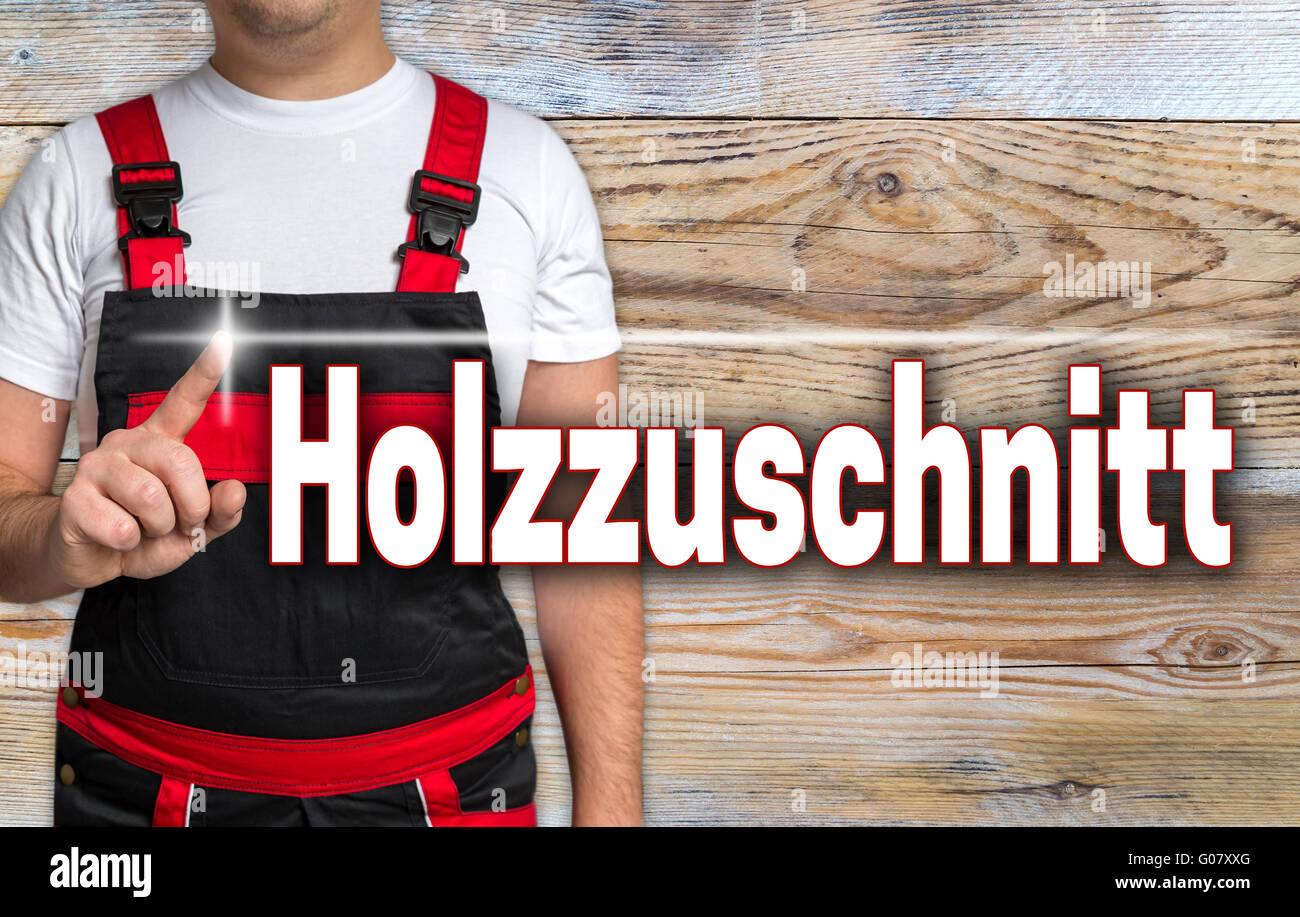 Holzzuschnitt (in german wood slicing) touchscreen is shown by the craftsman. Stock Photo