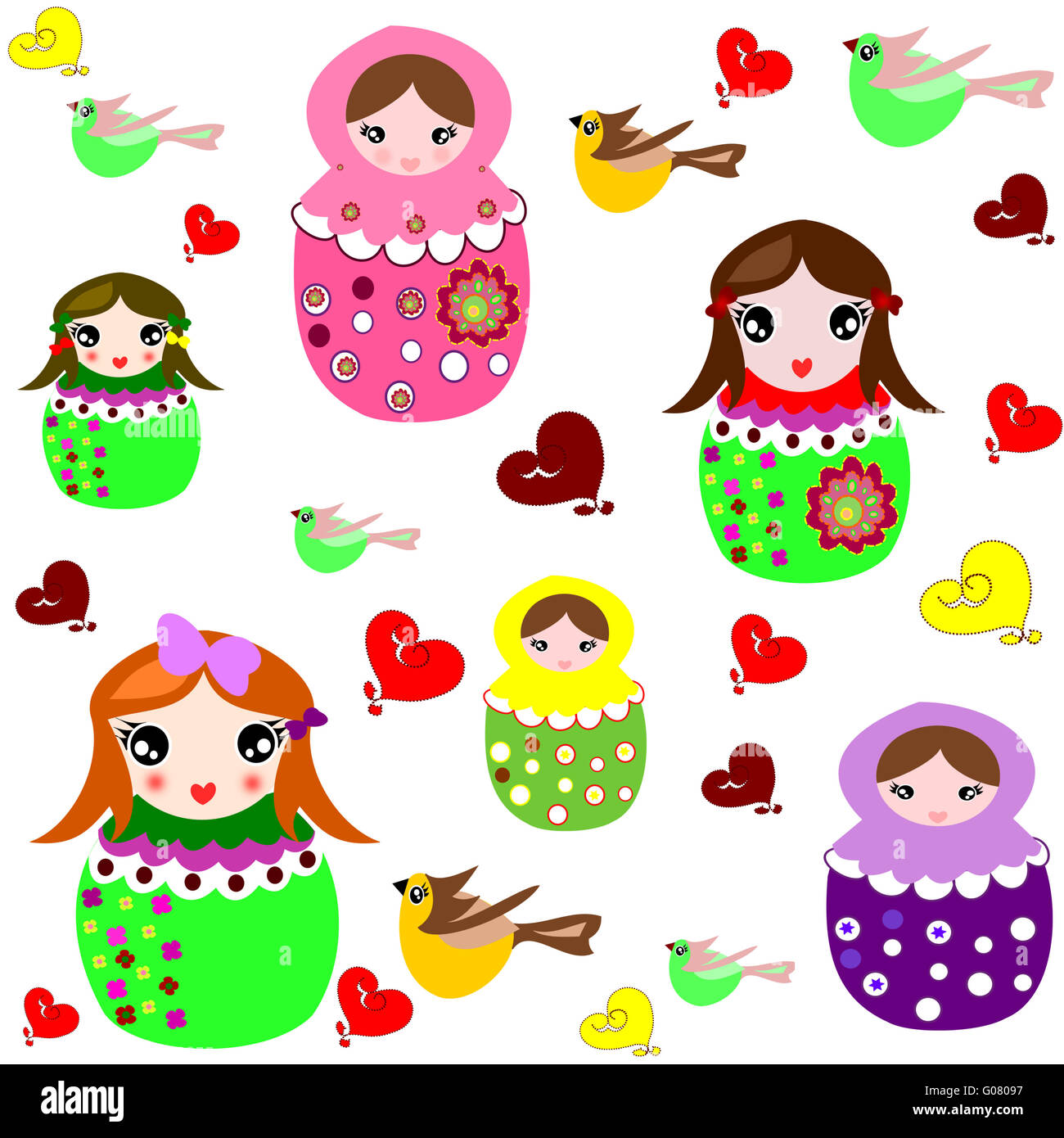 Beautiful background with dolls, birds and hearts Stock Photo - Alamy