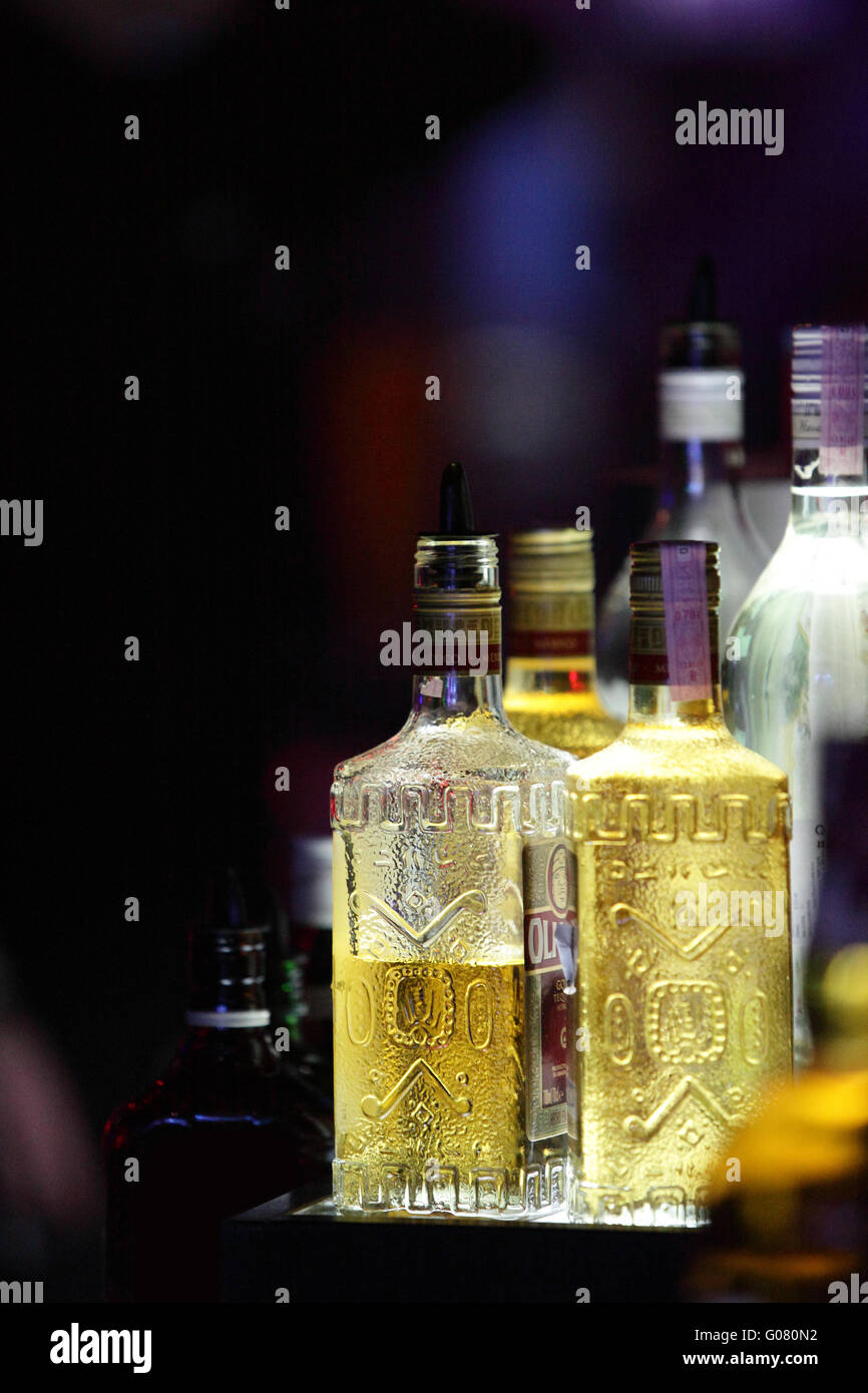 Bottles of spirits and liquor at the bar Stock Photo