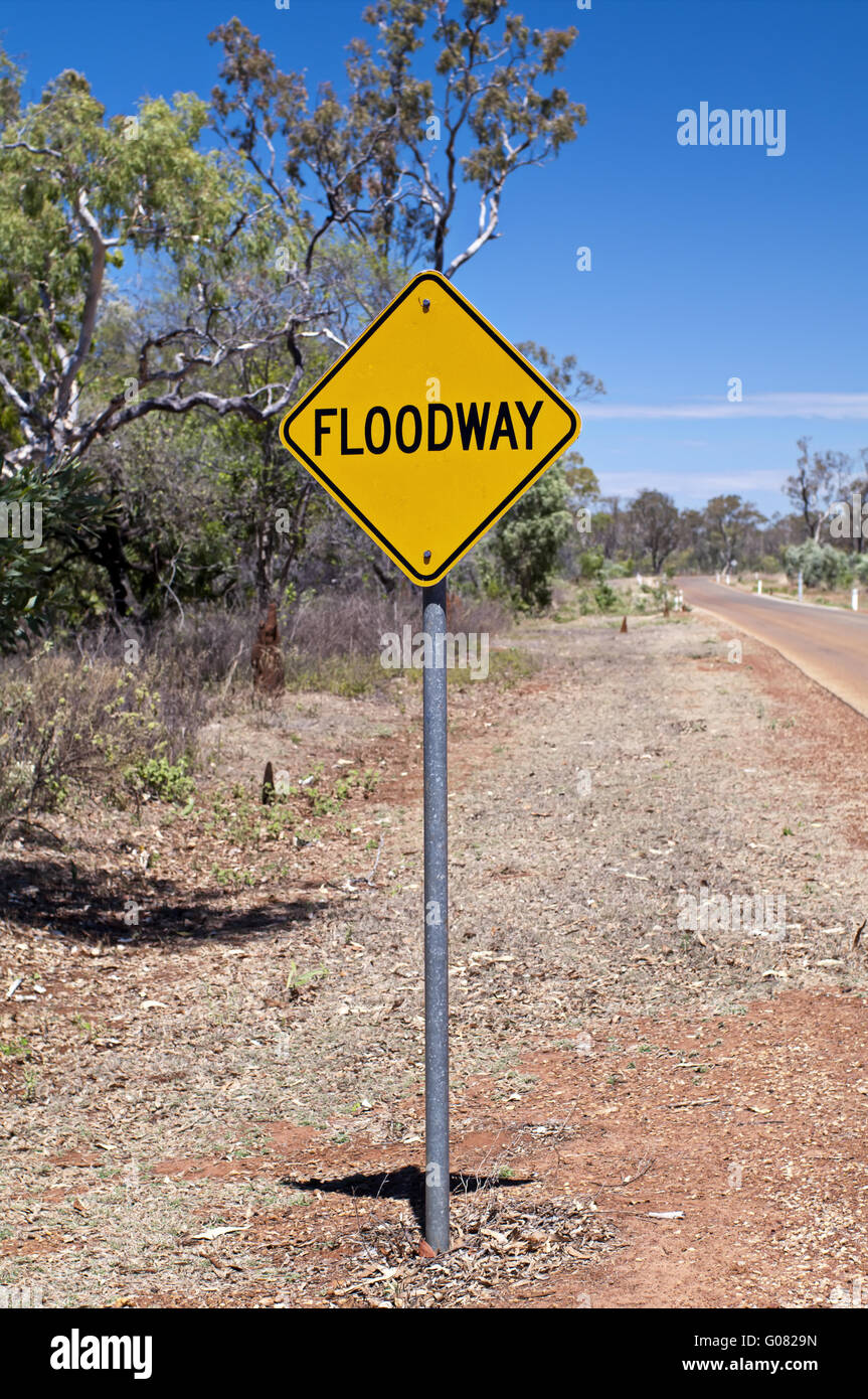 Floodway alert along the road at the outback of Australia Stock Photo