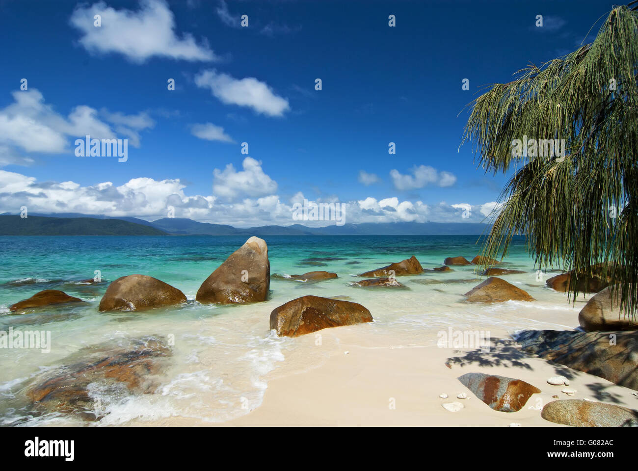 Tropical beach with rocks, tree and clear water Stock Photo